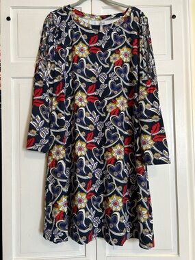 Lulu-B Navy Long-Sleeve Floral & Heart Print Dress with Red and White Accents